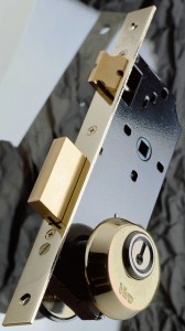 Escudo de seguridad montado en una cerradura con tornillos pasantes a través de orificios DIN.