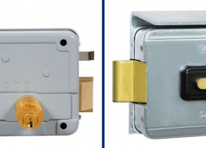 Ala izquierda el pestillo y el expulsor de una cerradura eléctrica normal, a la derecha el cerrojo rotatorio Viro.